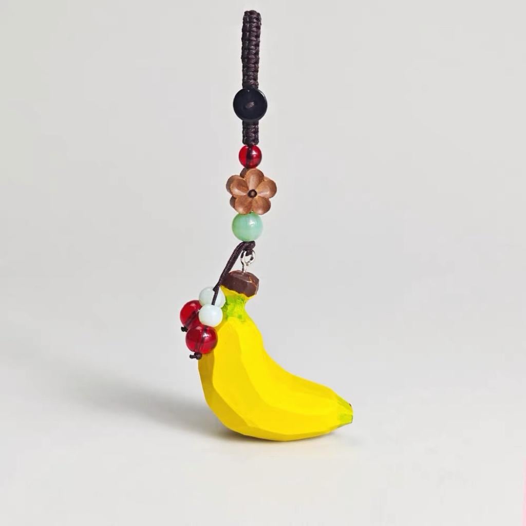 Hand Carved Wood Banana Keychain – Kawaii Fruit Stress Relief Bag Charm