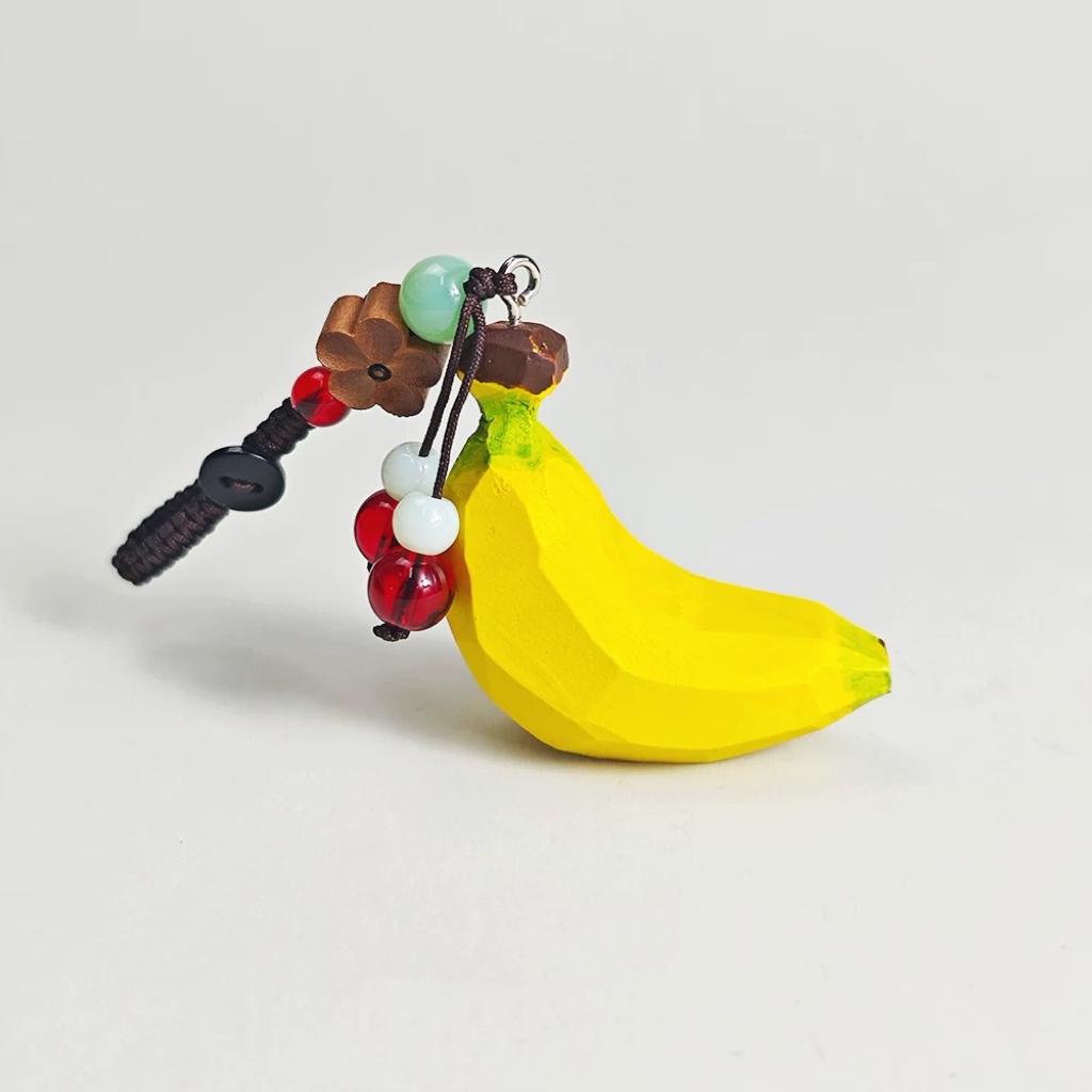 Hand Carved Wood Banana Keychain – Kawaii Fruit Stress Relief Bag Charm