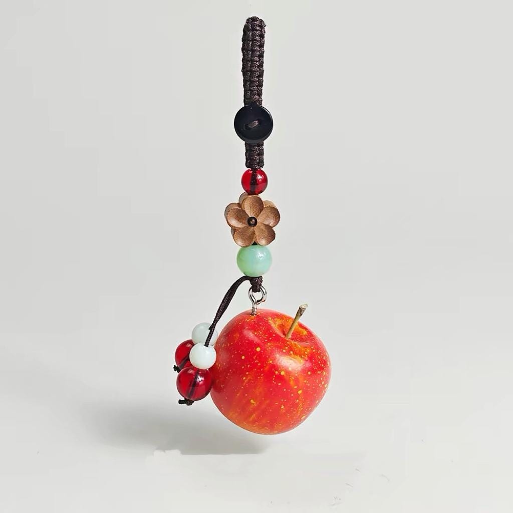 Hand Carved Wood Apple Keychain – Kawaii Lucky Fruit Bag Charm