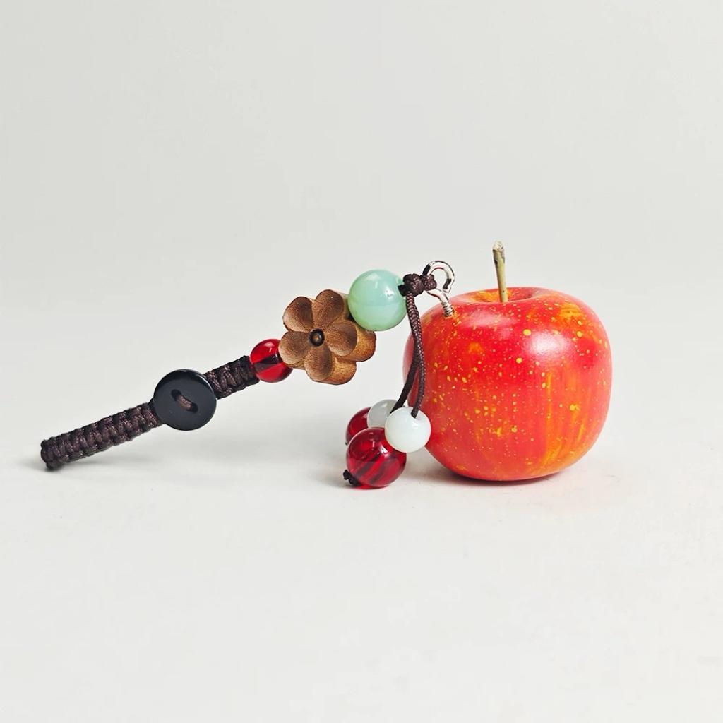 Hand Carved Wood Apple Keychain – Kawaii Lucky Fruit Bag Charm