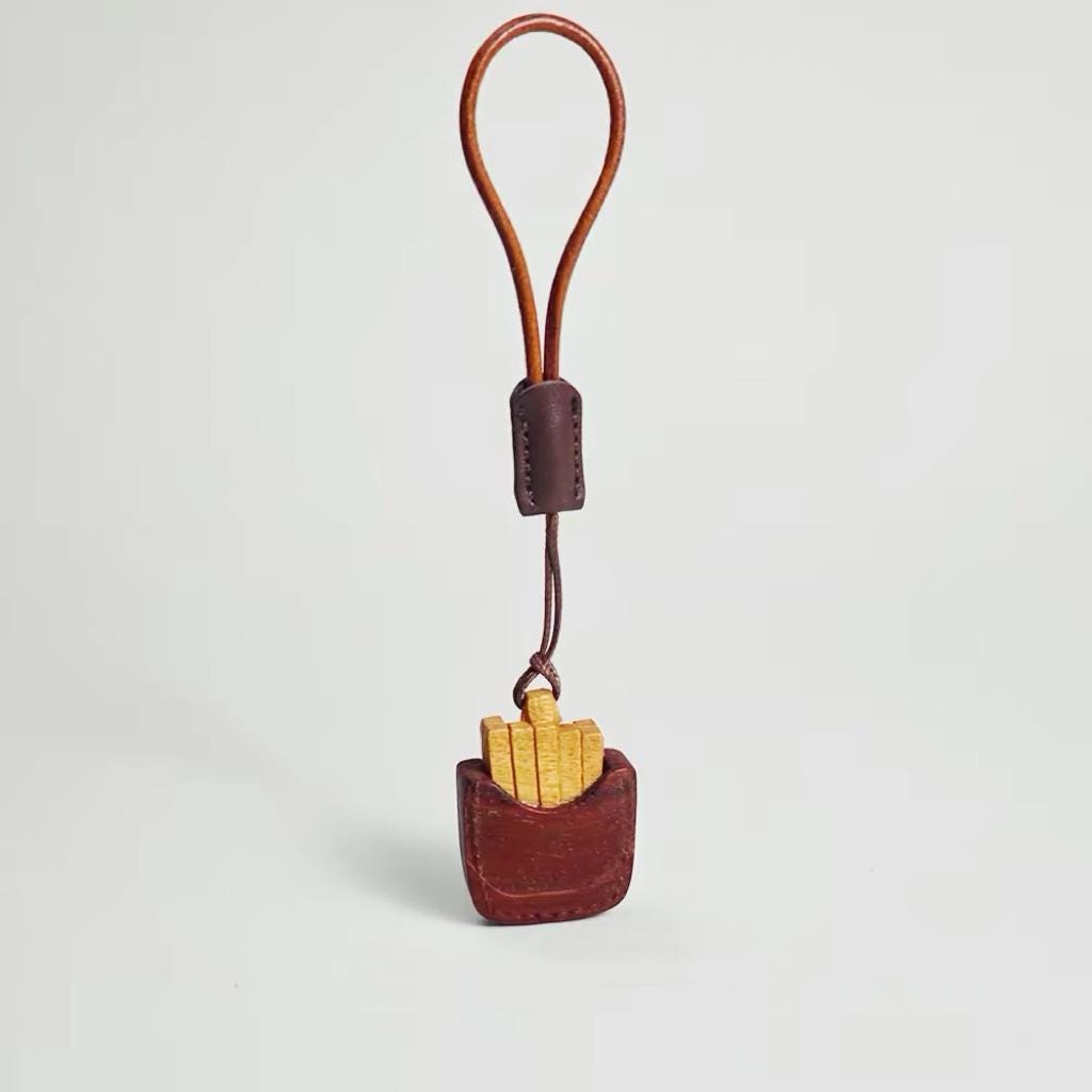 Hand Carved Wood Fries Keychain – French Fries Charm with Leather Strap