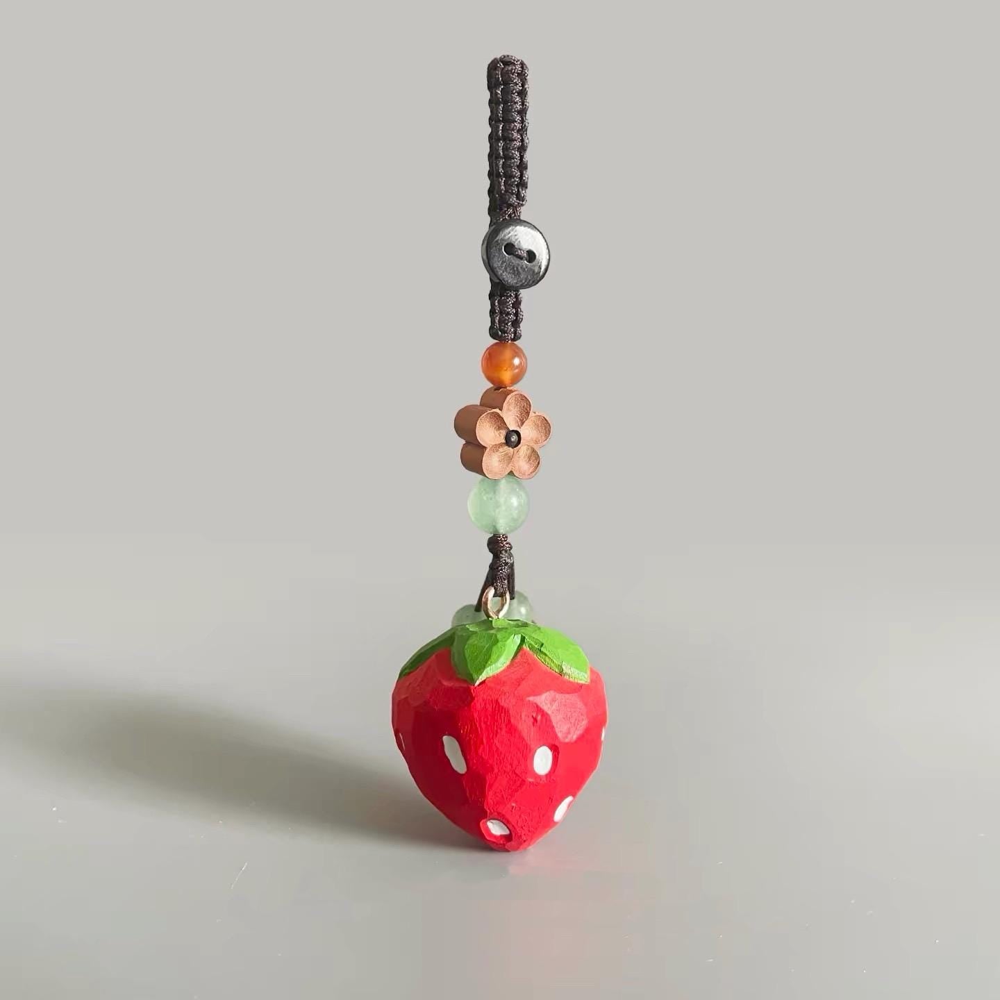 Hand Carved Wood Strawberry Keychain – Japanese Cute Fruit Bag Charm