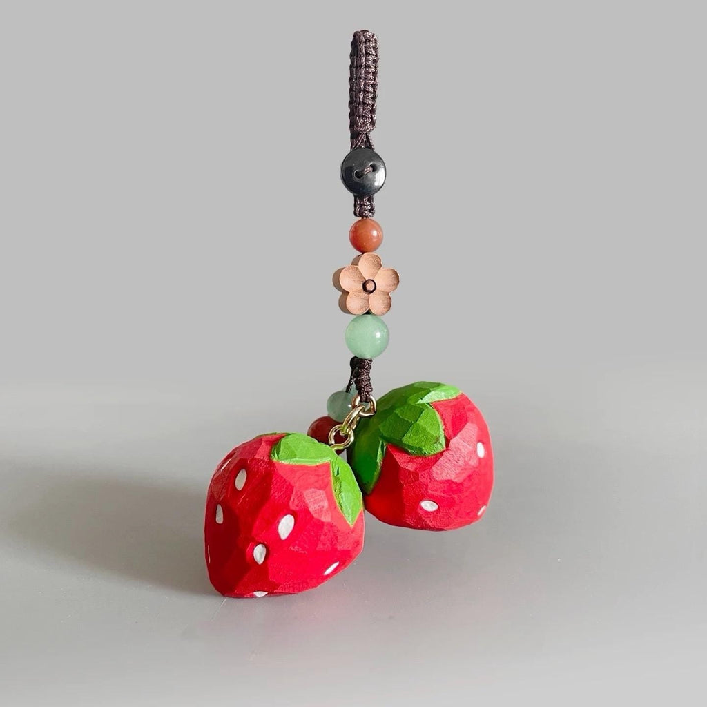Hand Carved Wood Strawberry Keychain – Japanese Cute Fruit Bag Charm