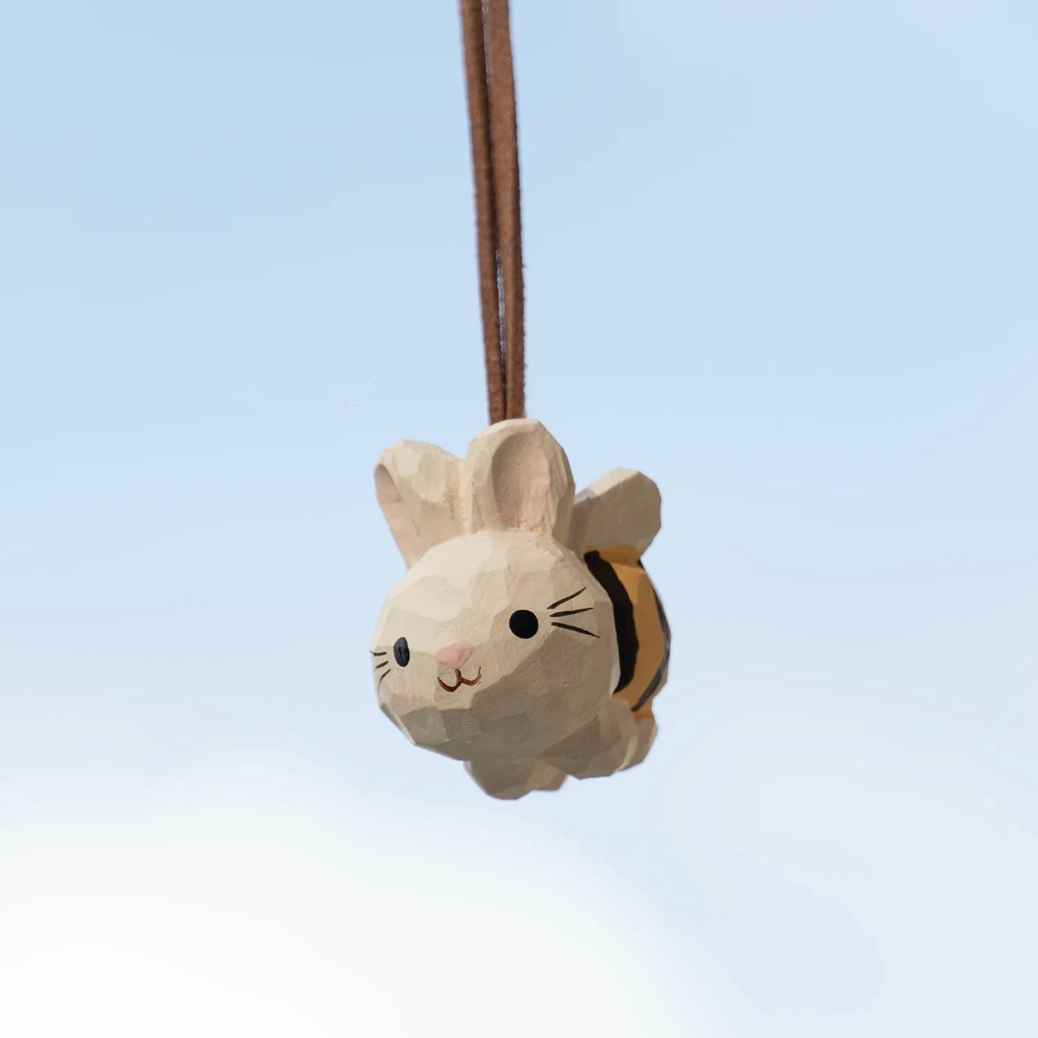 Hand Carved Wood Bunny Bee Car Charm – Whimsical Rabbit Mirror Ornament
