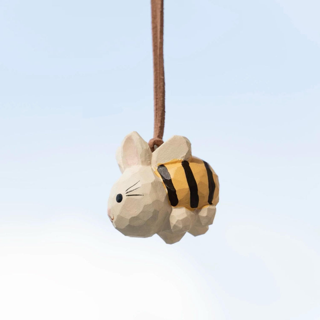 Hand Carved Wood Bunny Bee Car Charm – Whimsical Rabbit Mirror Ornament