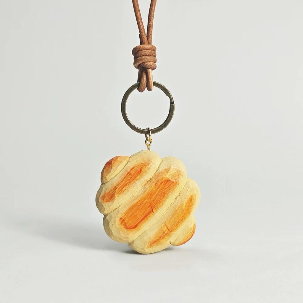Hand Carved Linden Wood Butter Bread Keychain – Cute Food Bag Charm