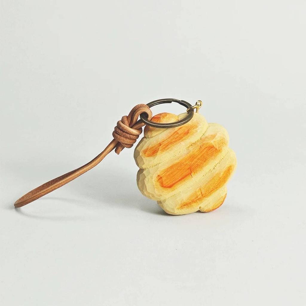 Hand Carved Linden Wood Butter Bread Keychain – Cute Food Bag Charm