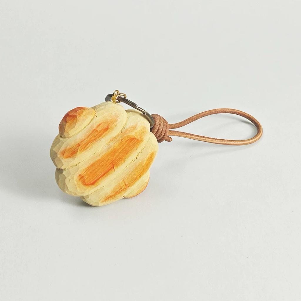 Hand Carved Linden Wood Butter Bread Keychain – Cute Food Bag Charm