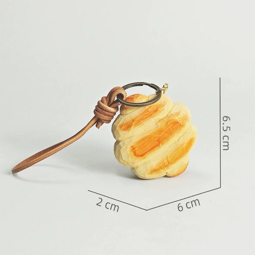 Hand Carved Linden Wood Butter Bread Keychain – Cute Food Bag Charm