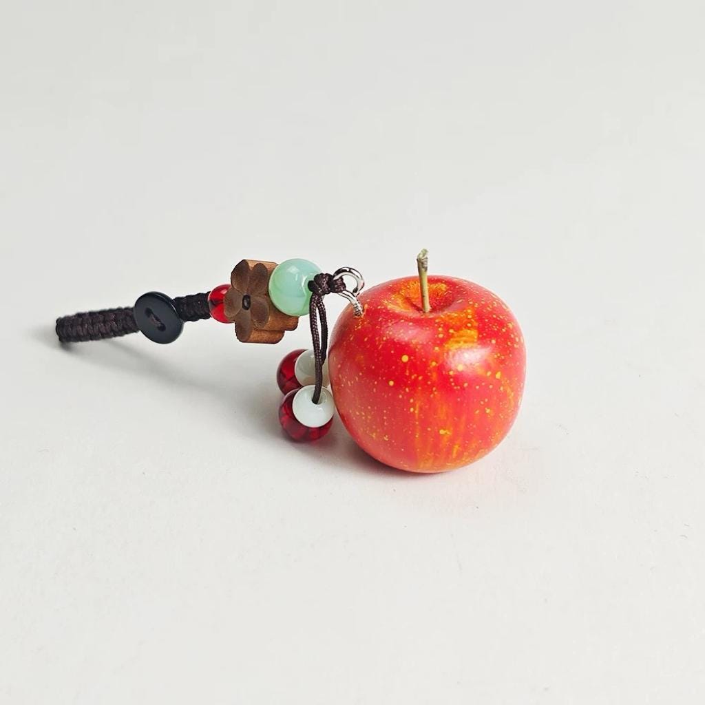 Hand Carved Wood Apple Keychain – Kawaii Lucky Fruit Bag Charm
