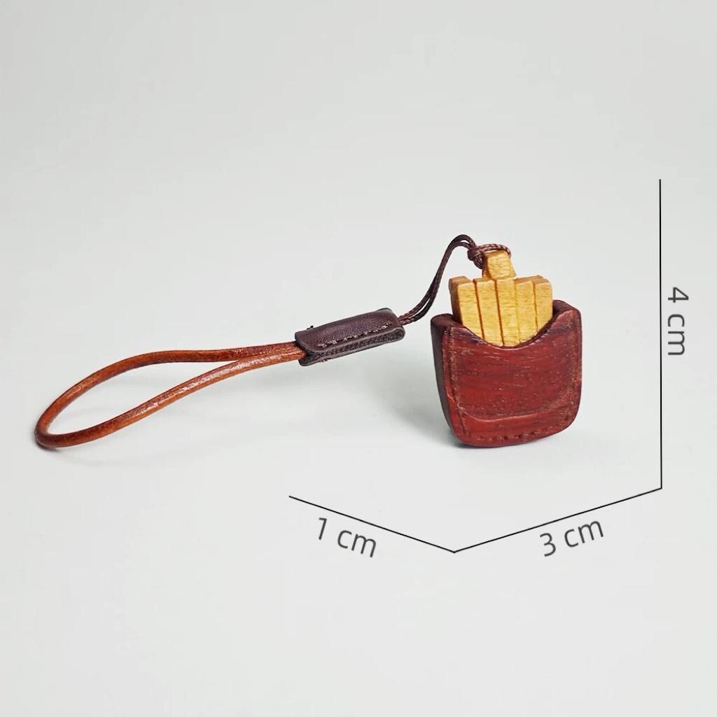 Hand Carved Wood Fries Keychain – French Fries Charm with Leather Strap