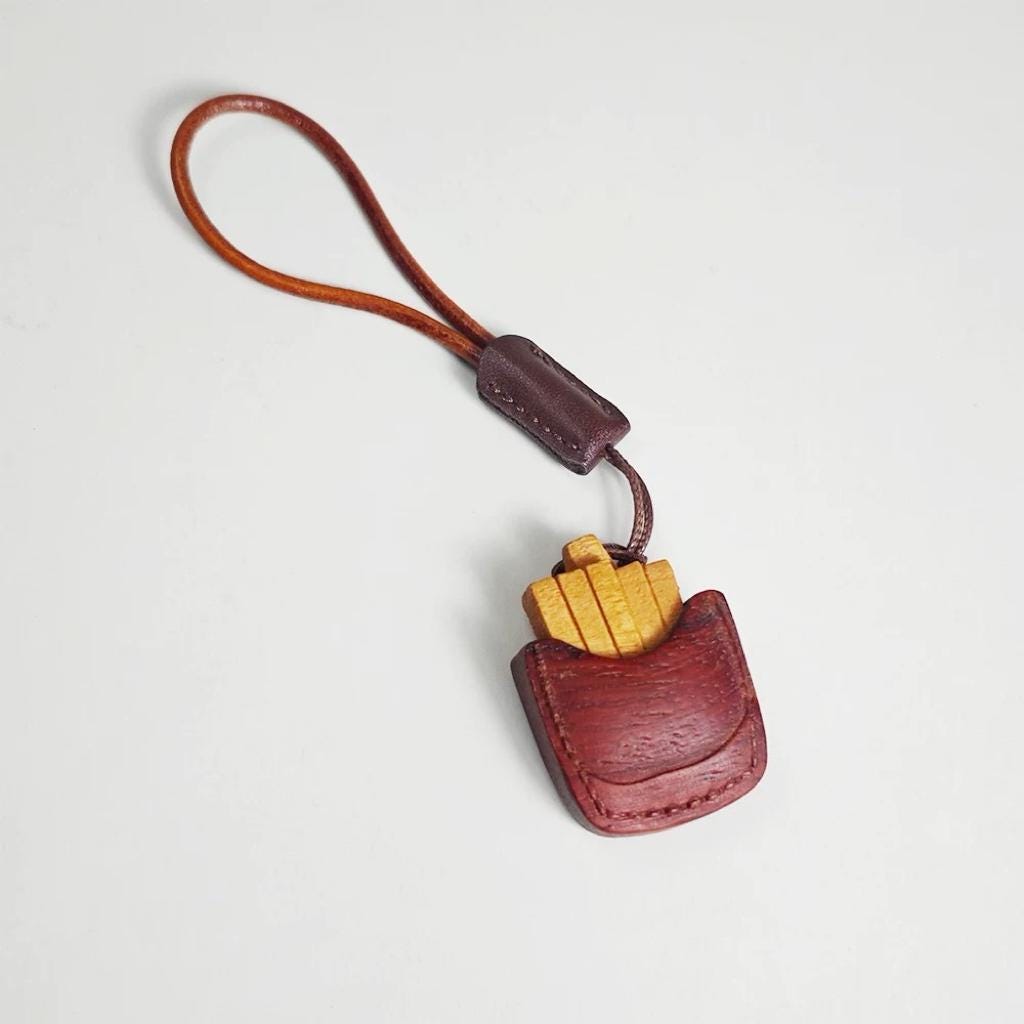 Hand Carved Wood Fries Keychain – French Fries Charm with Leather Strap