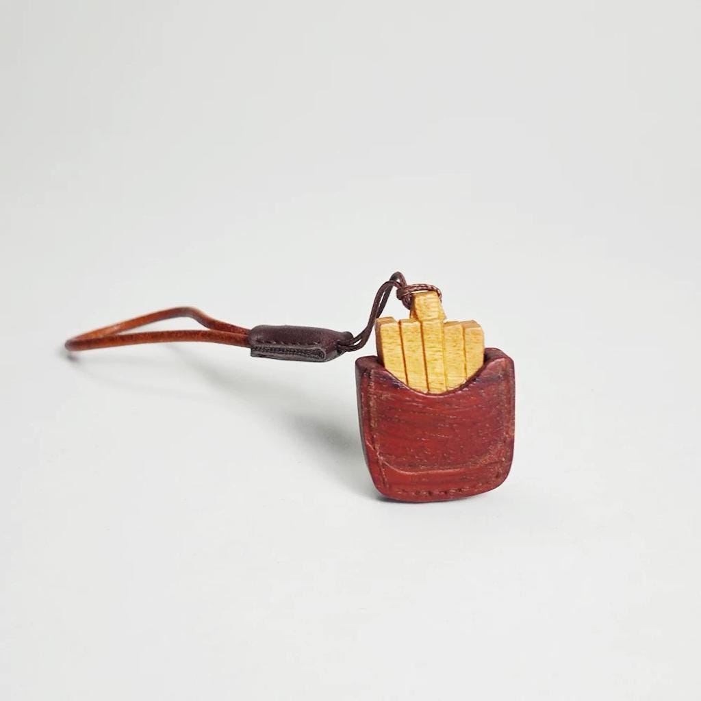 Hand Carved Wood Fries Keychain – French Fries Charm with Leather Strap