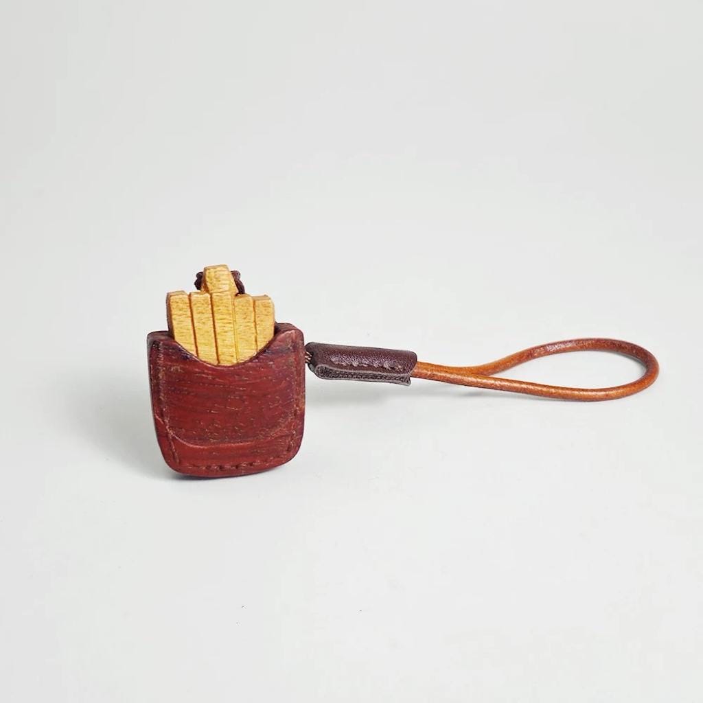 Hand Carved Wood Fries Keychain – French Fries Charm with Leather Strap