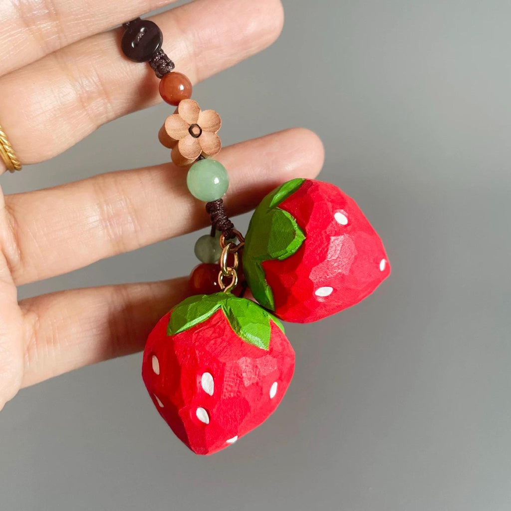 Hand Carved Wood Strawberry Keychain – Japanese Cute Fruit Bag Charm