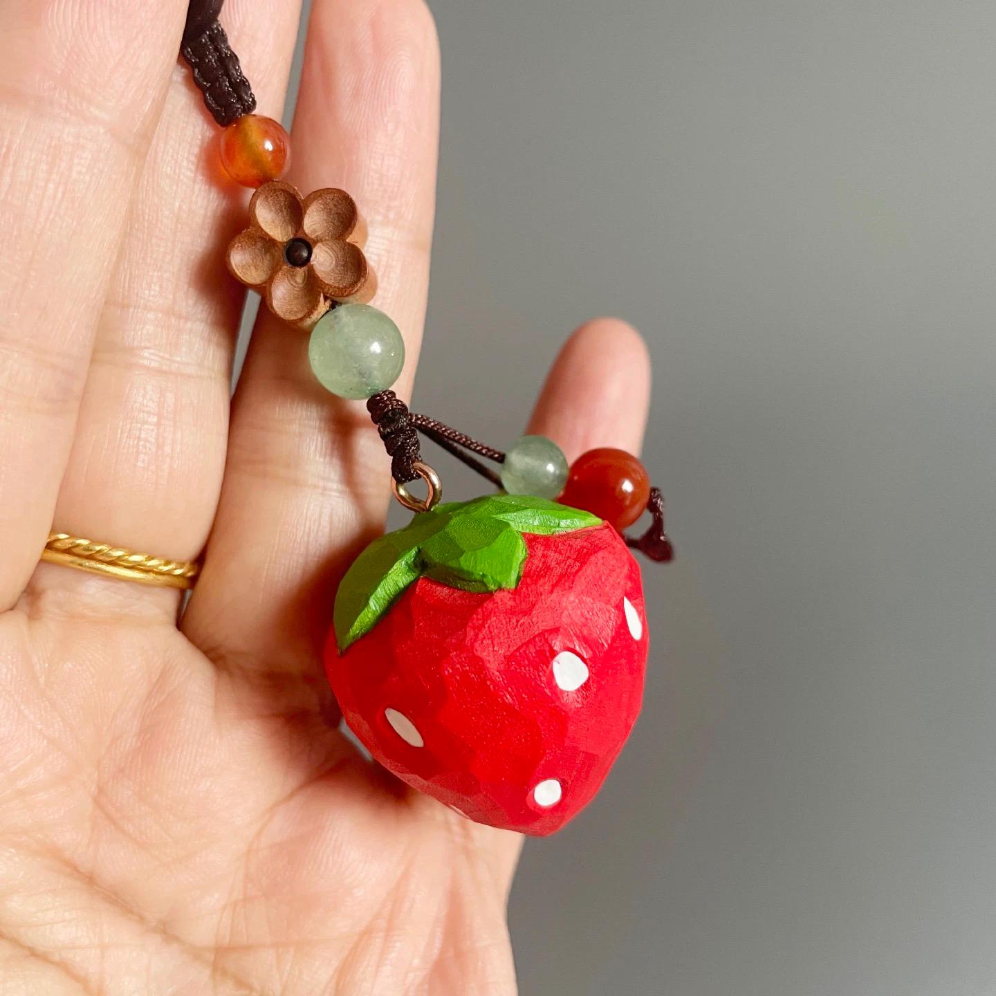 Hand Carved Wood Strawberry Keychain – Japanese Cute Fruit Bag Charm