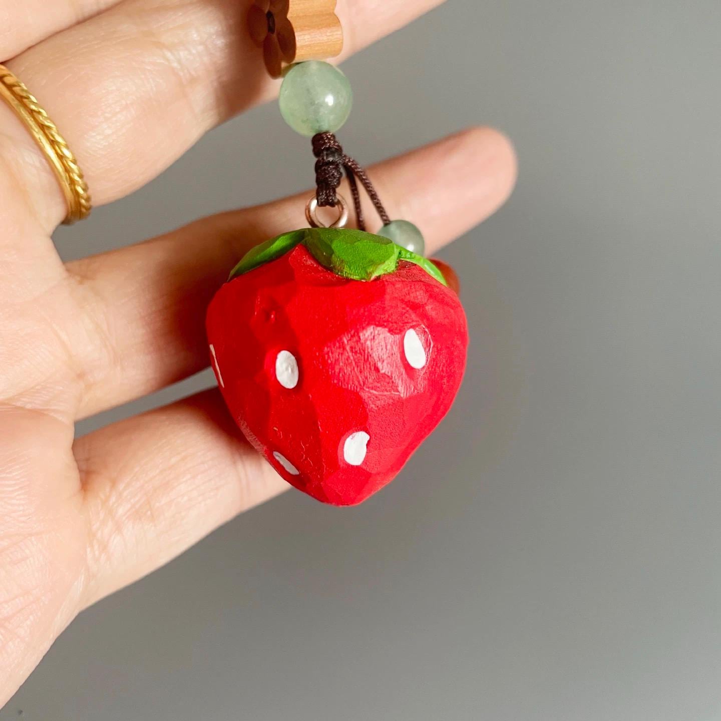 Hand Carved Wood Strawberry Keychain – Japanese Cute Fruit Bag Charm
