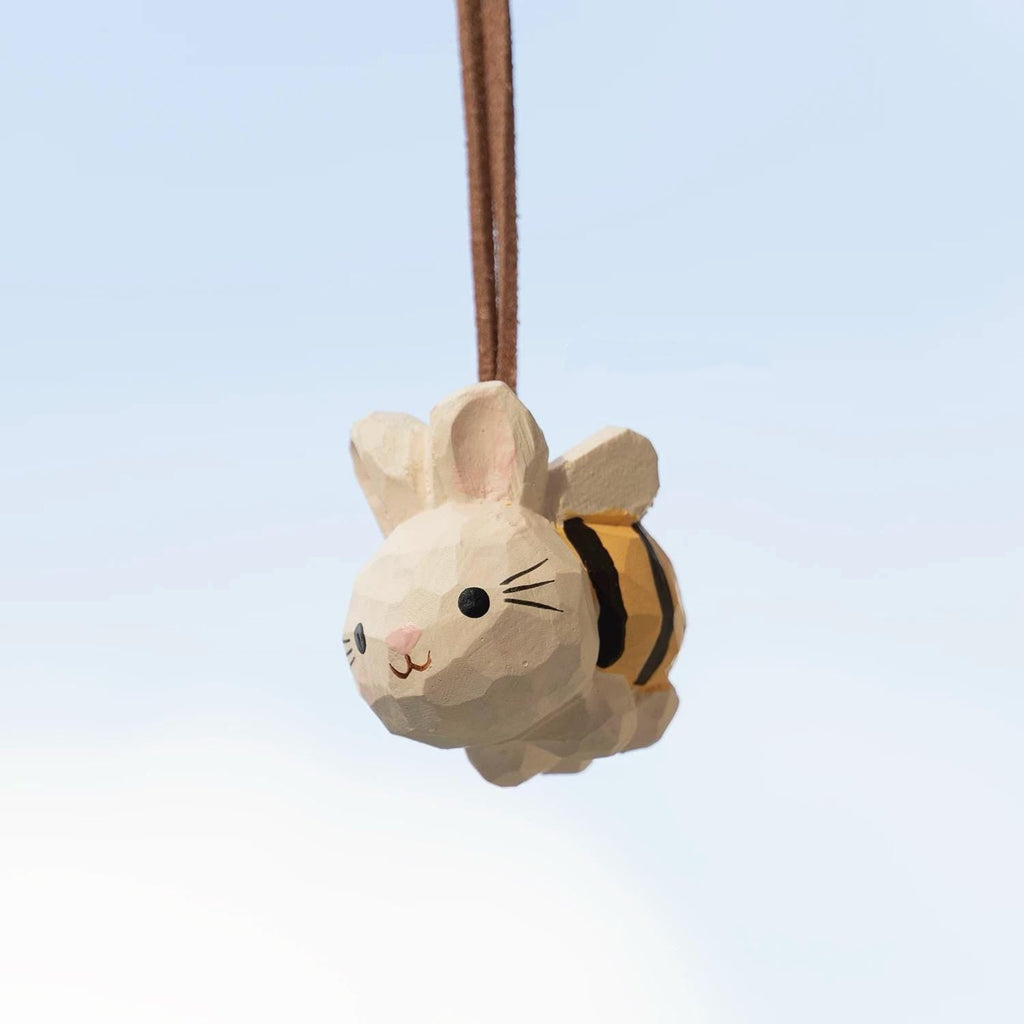 Hand Carved Wood Bunny Bee Car Charm – Whimsical Rabbit Mirror Ornament