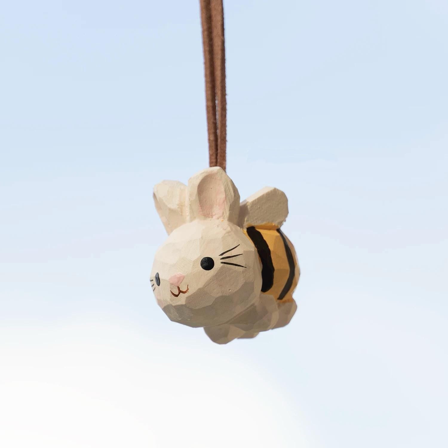 Hand Carved Wood Bunny Bee Car Charm – Whimsical Rabbit Mirror Ornament