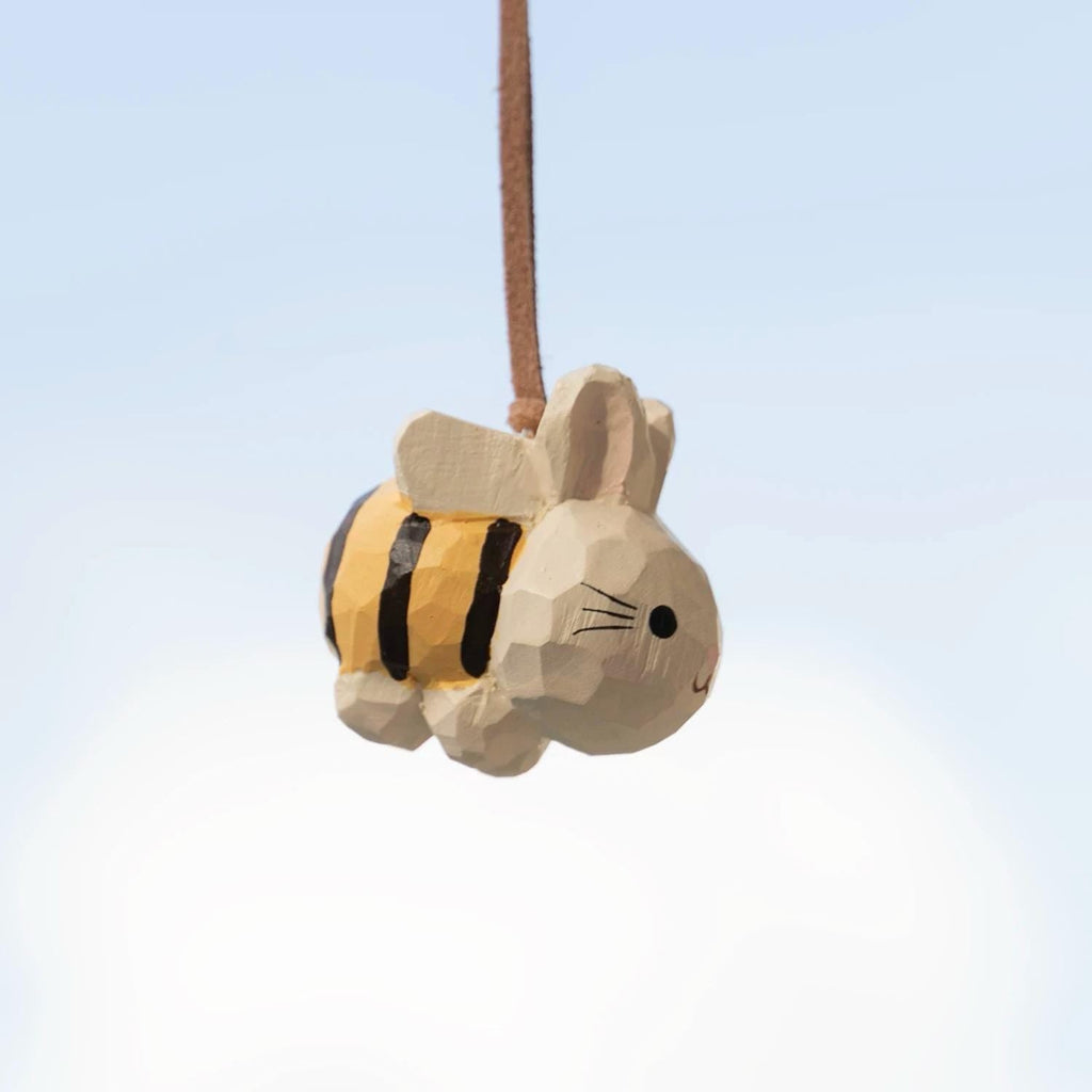 Hand Carved Wood Bunny Bee Car Charm – Whimsical Rabbit Mirror Ornament
